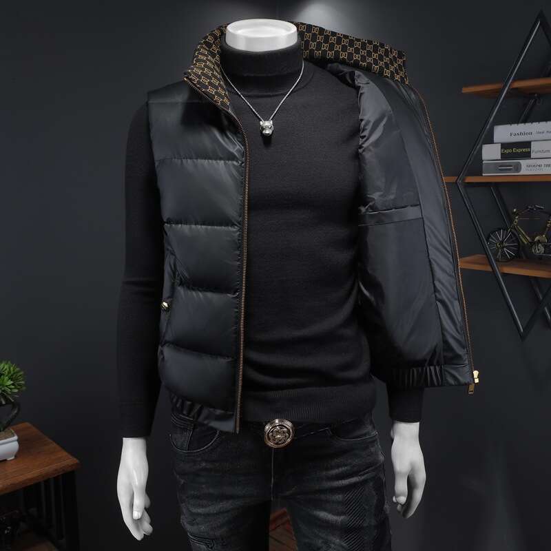 American European Style Winter New Men's High-Quality 90% White Duck Down Vest Large Size Embroidered Stand-Up Collar Jacket Luanyun