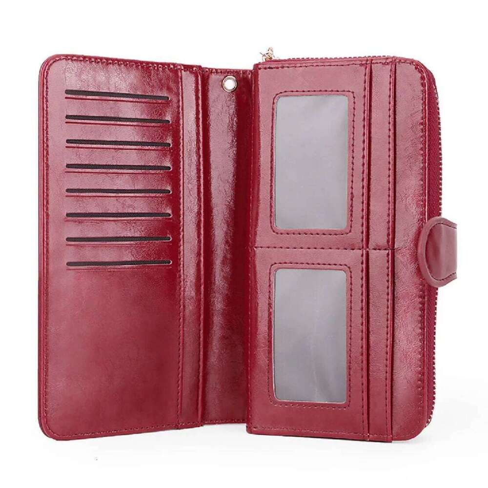 Bright shiny wax leather long wallet that can hold multiple cards, card bags, and comes with a wristband C260304