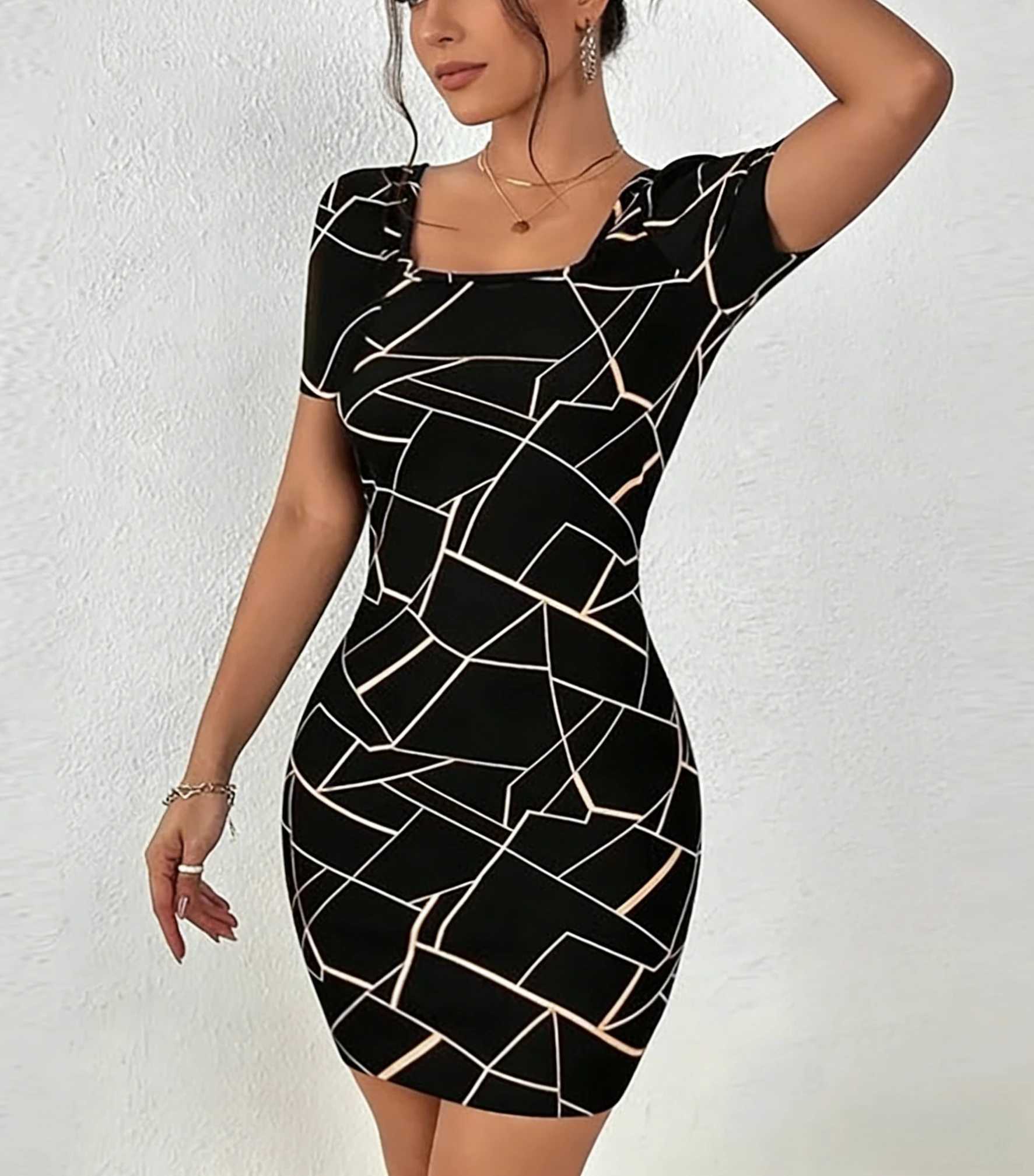 Womens Black Bodycon Dress Geometric Print Square Neck Short Sleeve Mini Dress Sexy Party Club Spring Summer Elegant Dress M260304
