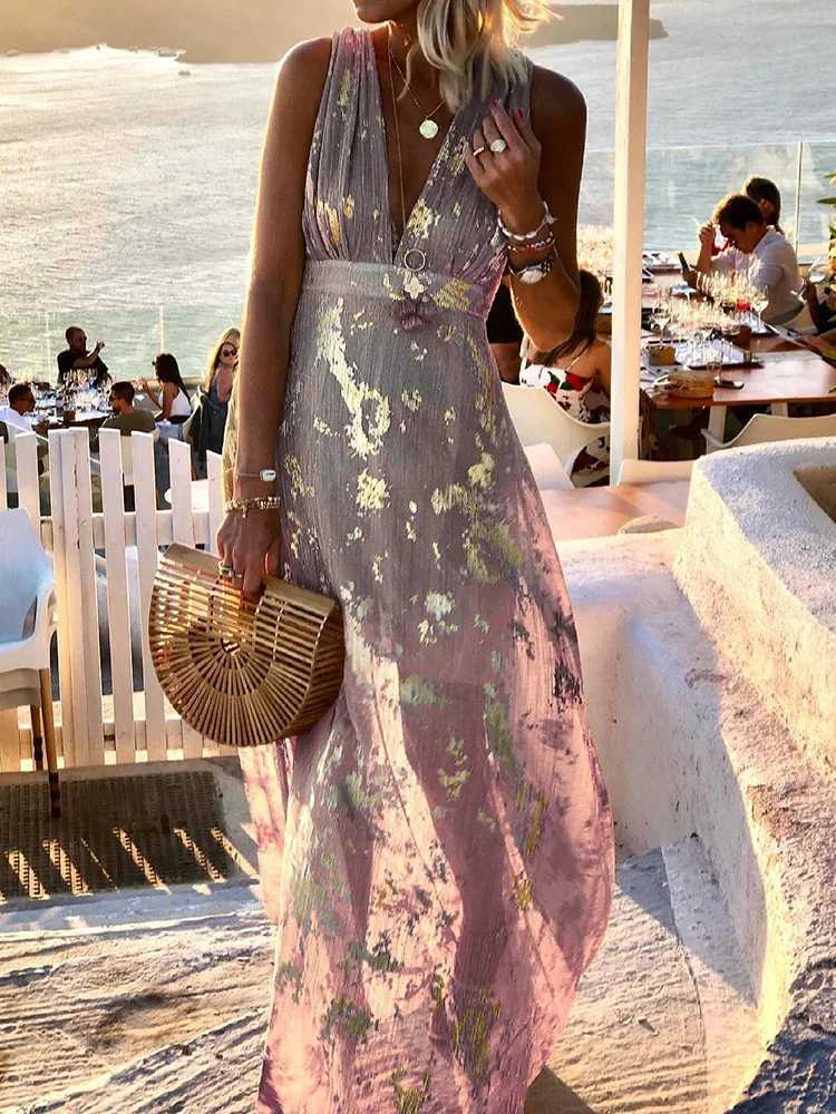 Women Deep V-Neck Maxi Party Dress Summer Patchwork Sleeveless Solid Casual Holiday Ladies Dress Elegant Streetwear Dropshipping M260304