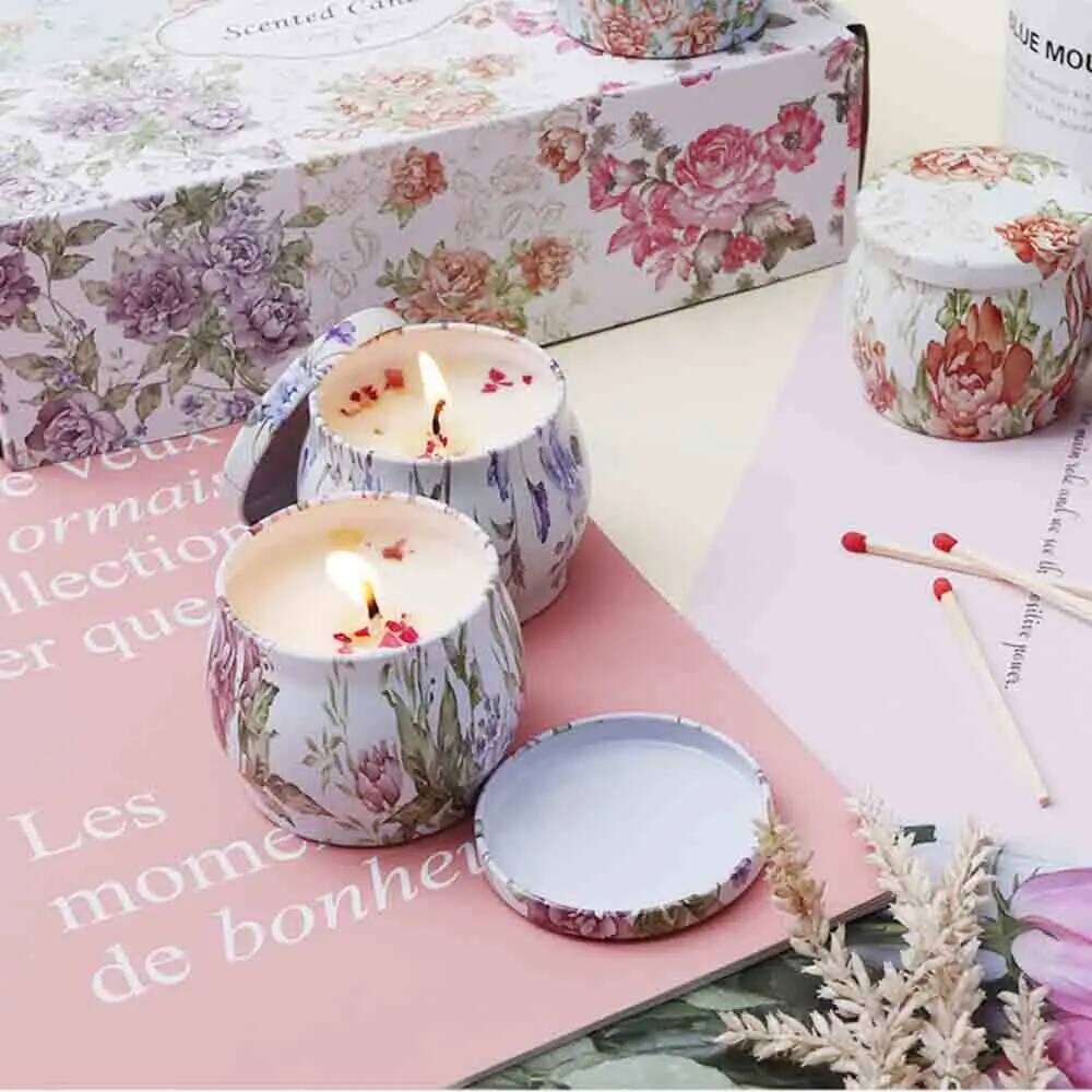 1 Box of 6 Tin Can Soy Wax Essential Oil Dried Floral Scented Candle Set Wedding Birthday Gift Home Decoration W260304