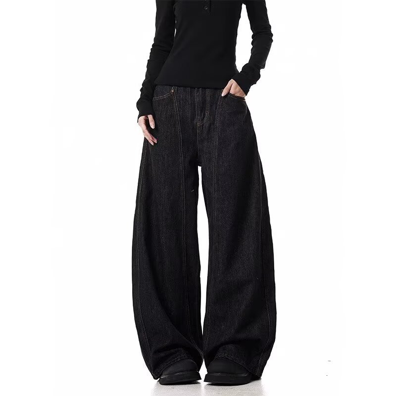 American Retro Curved Silhouette Trendy Brand Women's Jeans Niche Design High-end Designer Pants Feel Loose Wide-leg Banana Pants