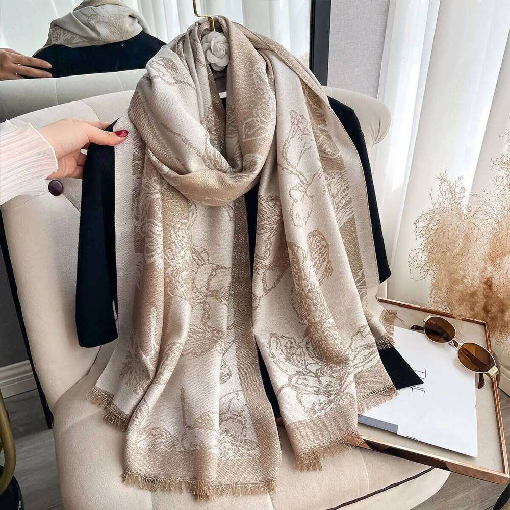 New Spring and Autumn Women Elegance Flowers Shawl Brand Designer Lady Golden Thread long Scarf Muslim Wrap Headscarf Pashmina XJ260304