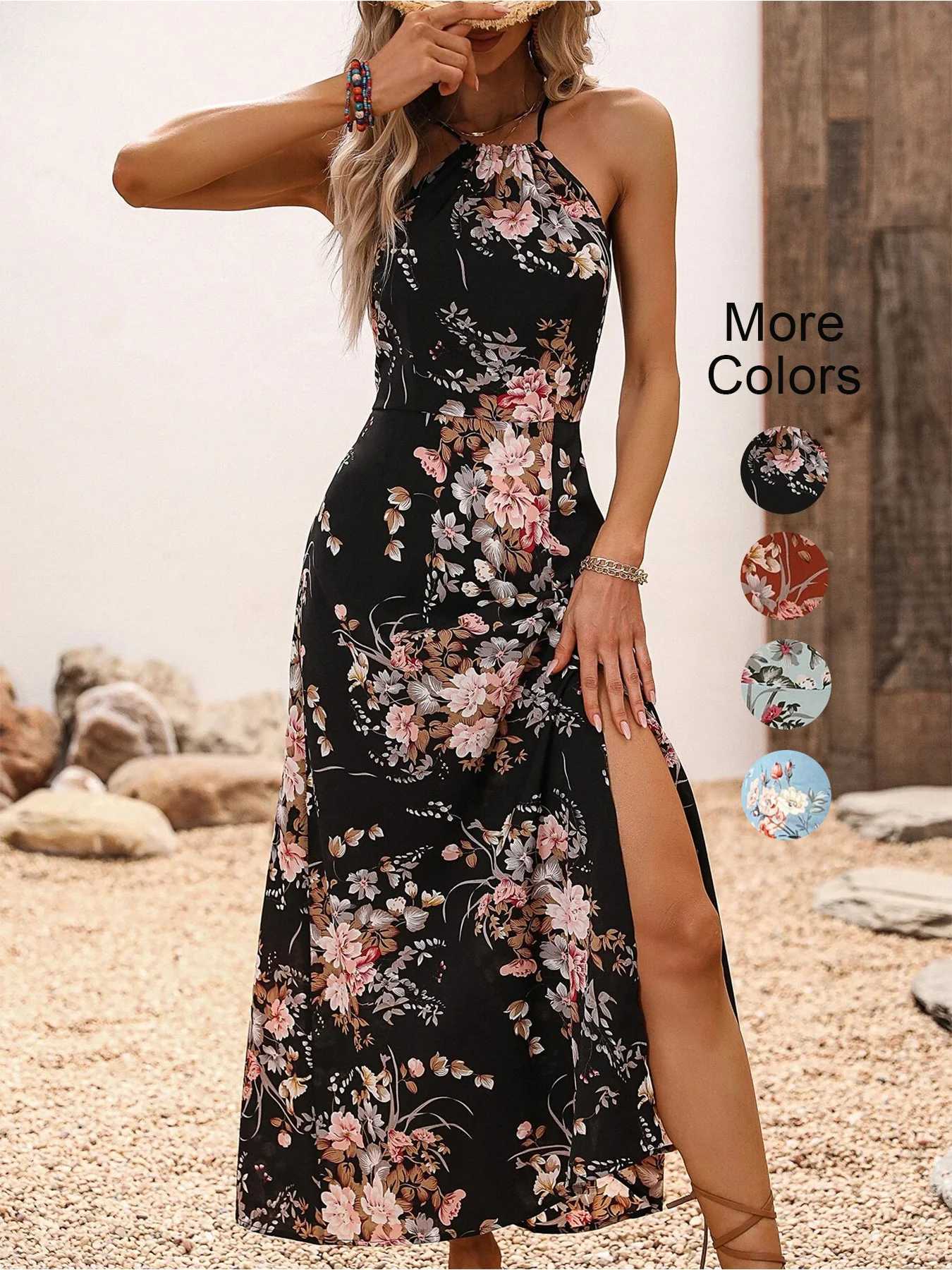 Womens Floral Print High Slit Thigh Halter Dress - Summer Sleeveless Sexy Bodycon Beach Party Clubwear M260304