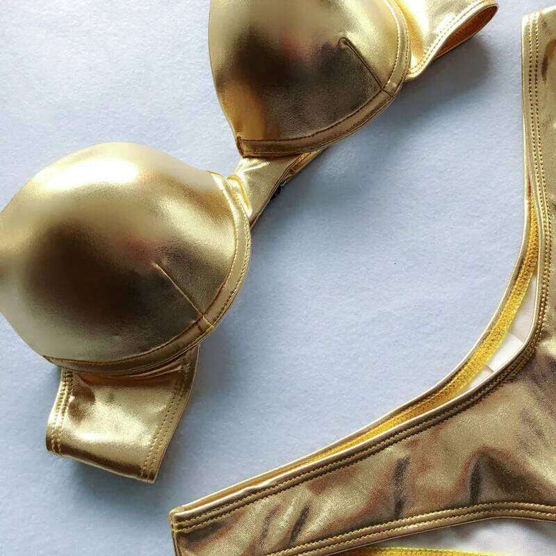 Metallic Summer Push Up Padded Bra Bathing Suit Beach Wear Women Sexy Thong Bikini Set Silver Gold Dropshipping Biquini Swimwear Y260303