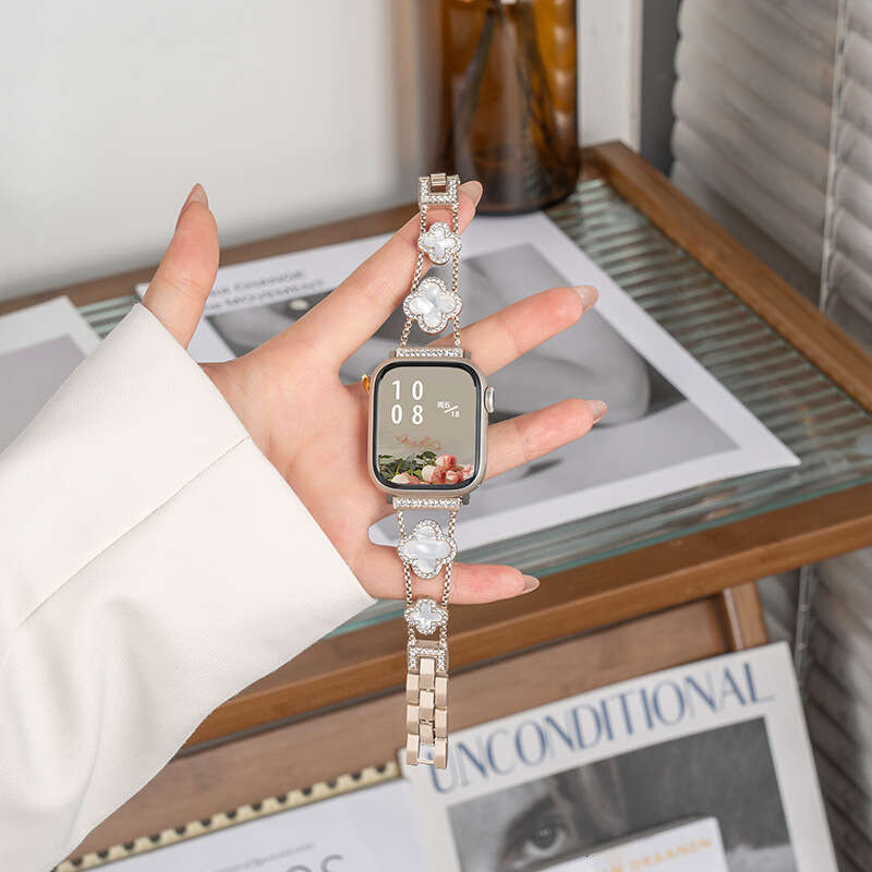 Compatible Apple Watch Four-Leaf Clover Inlaid with Diamonds Mother-of-Pearl Women's Metal iWatch 10 Strap - view 9