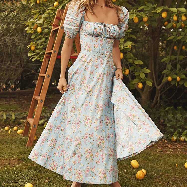 Women Floral Print Long Dress Summer Chic Short Sleeve Square Collar Split A Line Party Sundress Ladies Holiday Beach Vestidos M260304