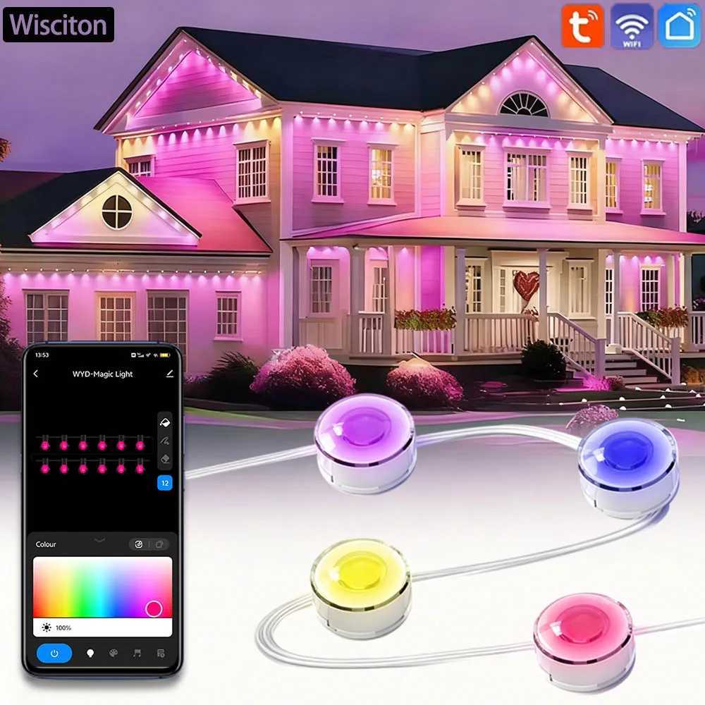 Smart WIFI RGB Eaves LED Lights Permanent Outdoor Waterproof Lights String APP Bluetooth Light Strip Scene Modes House Party H260304