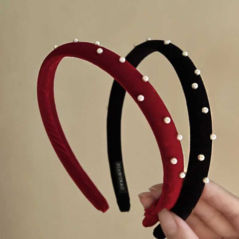 French vintage sweet wine red pearl velvet headband girls go out with everything simple fine edge headband headwear H260304 - view 5