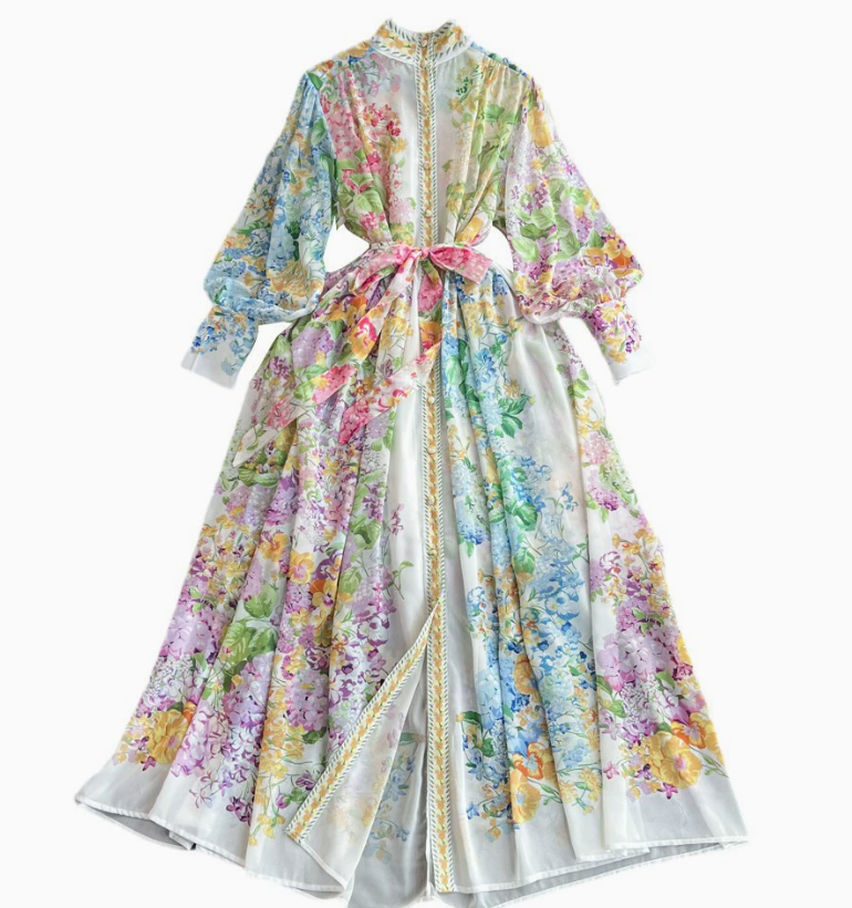 Fashion Runway Gorgeous Flower Holiday Chiffon Dress Women Stand Long Lantern Sleeve Floral Print Belt Lace Up Boho Robe Vestido 240812