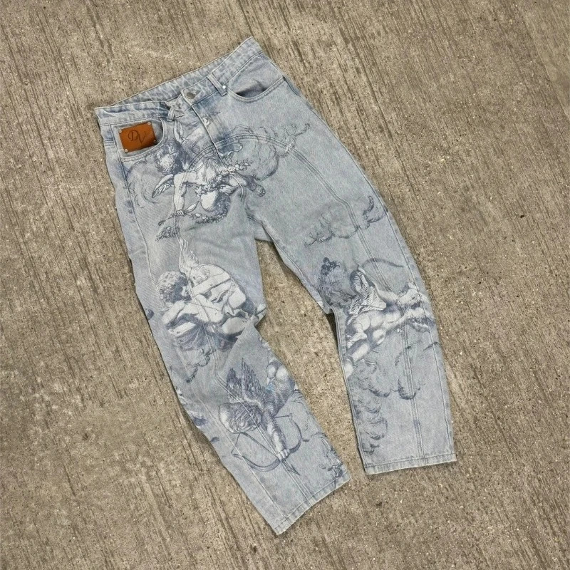Mens Jeans Harajuku Y2K Angel Baggy Denim Pants Retro High Street Print Loose Straight Fit American Hip Hop Streetwear 260228