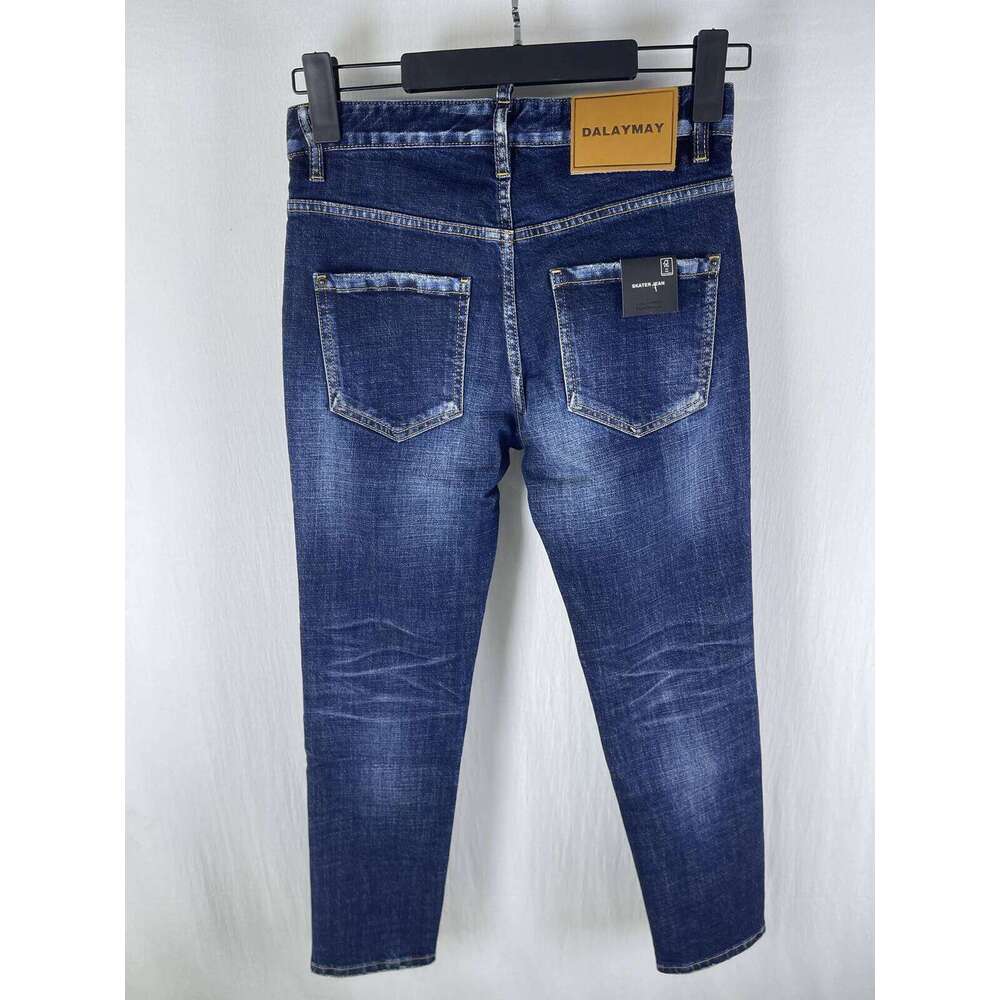 6057 Four Seasons New D2 Jeans Men's Washed Ripped Patch Paint Printed Feet Blue 26Y0304