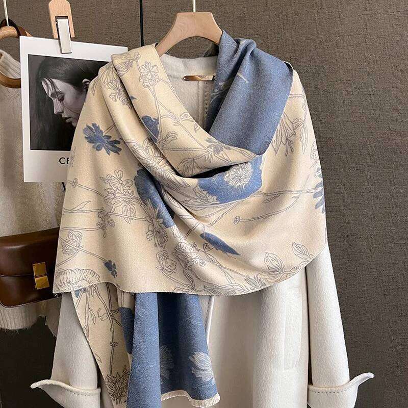 Winter Thickened Warm Scarf Floral Tassel Pashmina Shawl For Women Imitation Cashmere Warps Autumn Coldproof Windproof Blanket XJ260304