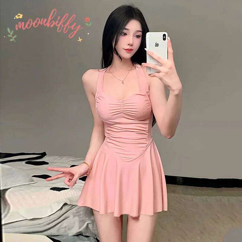 Women Hanging Neck Sweet Cute Swimwear Sexy One-piec Wear Swim Beach Dress Swimsuit High Waist Bathing Suit For Girls Y260303