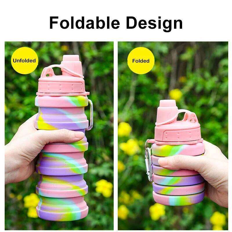 Portable Collapsible Silicone Water Bottle Lid Camouflage Foldable Kettle For Sports Travel Drinking With Carabiner Cup S260303