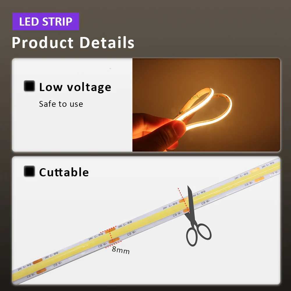 1M 2M 3M 4M 5M CCT COB LED Strip Light 24V Flexible Ribbon WW CW 2700-6500K Dimmable Linear Lighting with Remote Control EU Set H260304