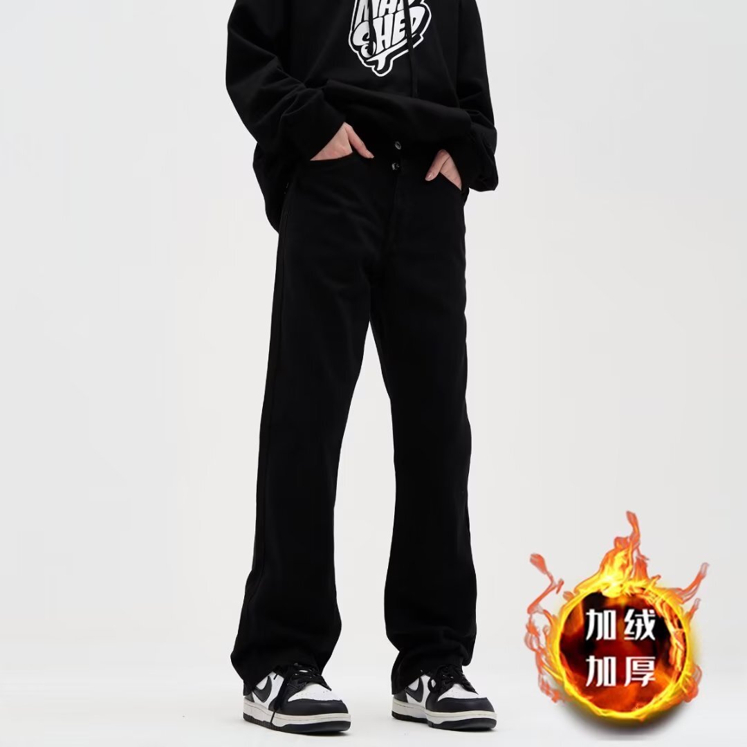 Men's Jeans For Autumn And Winter Fleece-lined American Style Heavy Black Straight Pants Trendy Brand Slightly Flared Designer Pants High Street Versatile Casual