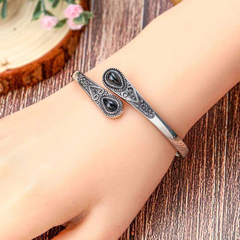 Vintage Ethnic Style Inlaid Imitation Natural Stone Elegant Open Adjustable Cuff Bracelet Women Men Party Jewelry XJ260303