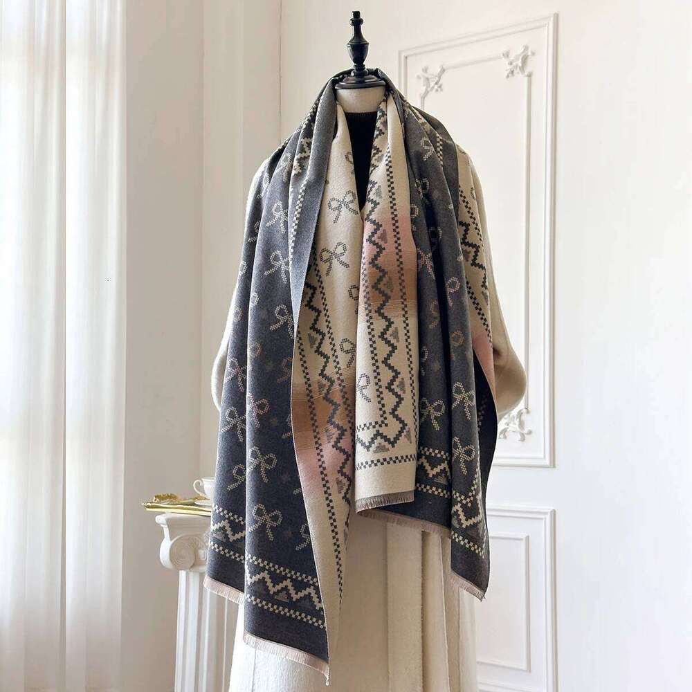 2025 New Brand Elegance Bow Print Scarf Soft Warm Fringe Pashmina Shawl Autumn and Winter Outdoor Coldproof Windproof Blanket XJ260304