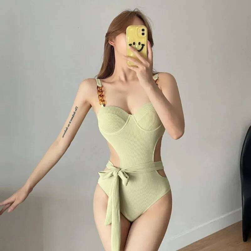 Korean One Piece Swimsuit for Women, Spaghetti Strap Push Up Small Bust, Tummy Control Slim Fit Spicy Vibe Vacation Bathing Suit Y260303