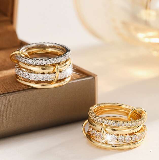 Exaggerated Four-Ring Two-Tone Stacked Full Diamond Zircon Copper Non-Tarnish Personality Ring