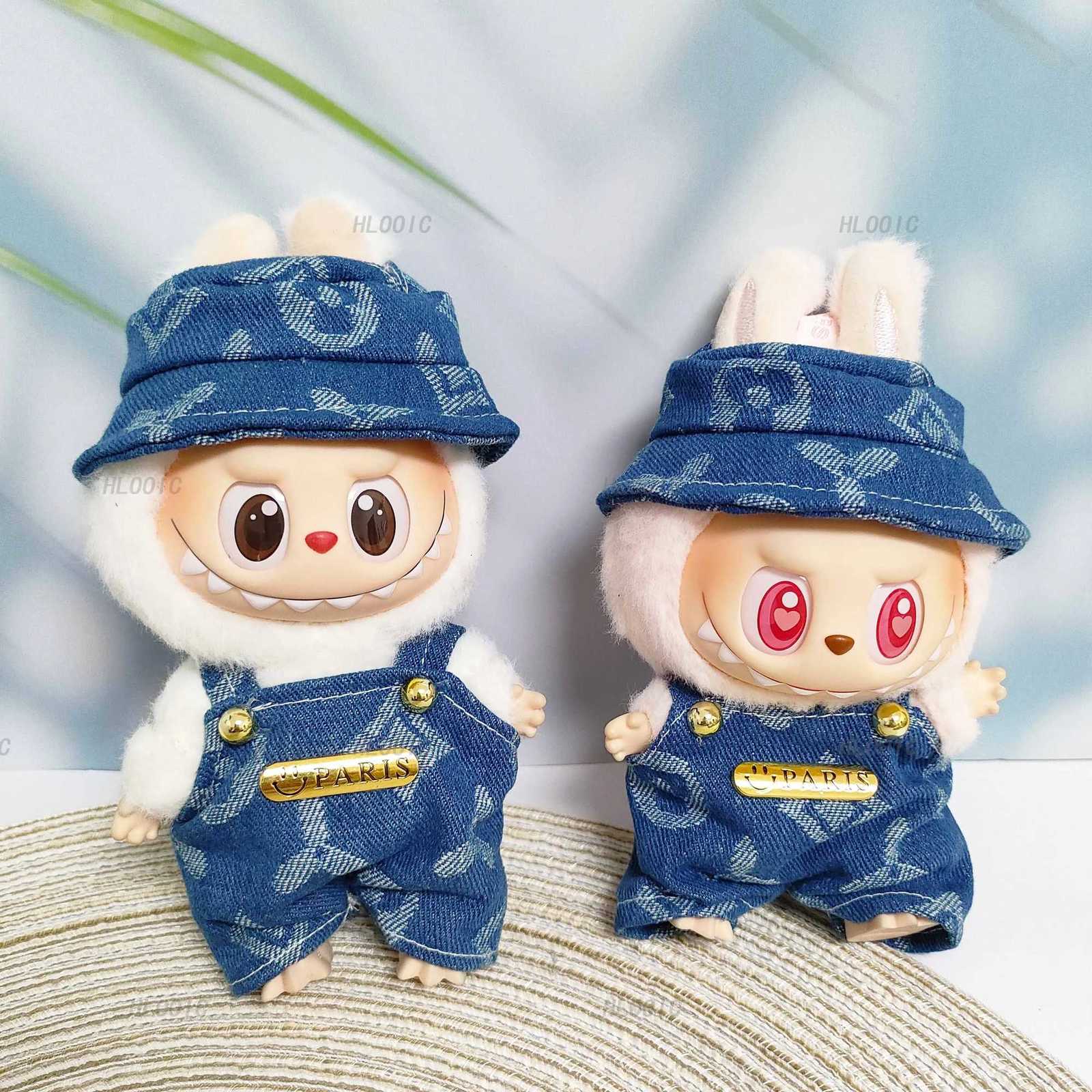 Denim Jacquard Overalls & Bucket Hat Set with Metal Badge for 15cm 17cm Labubu Dolls Outfit AccessoriesT260304