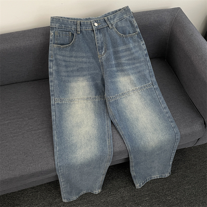 High Street Vintage Washed Designer Pants Blue Jeans For Men Loose Fit Vibe Style Distressed For Teenagers Slightly Flared Straight Wide-leg Pants