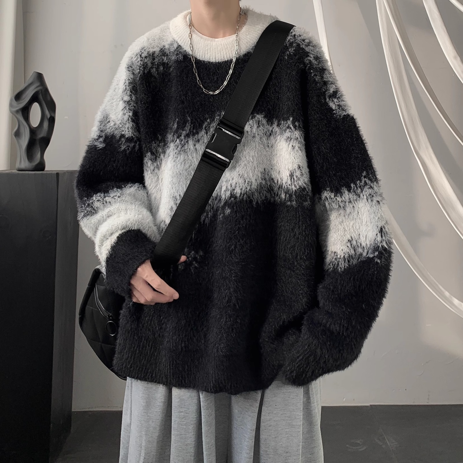 Mens Round Neck Sweater Winter Thickened and Warm Casual Style for Teenagers Trendy American Style Color-Block Knitwear Jacket 240820