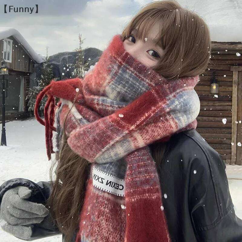 FunnyAutumn And Winter New Korean Plaid Women's Thick Atmosphere Warm Student Shawl Neck Scarf XJ260304