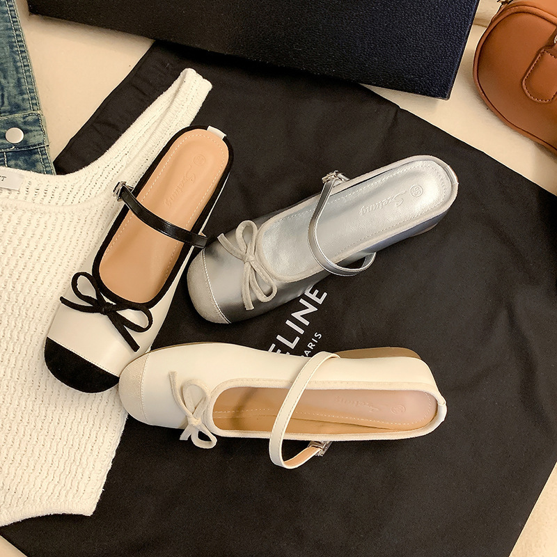 Womens Bow Toe Half Slippers Summer Non-Slip Inner Heightening Mary Jane Shoes for Women Soft Soled Breathable Sandals Slippers 240607