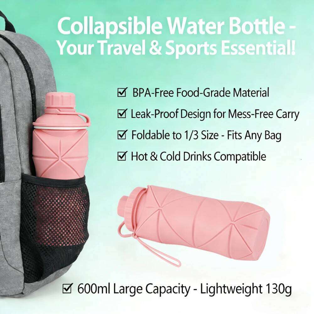 Food Grade Silicone Collapsible Water Bottle 600ml Leak Proof Foldable Portable Travel Sports Heat Resistant Drink Folding Cup S260303