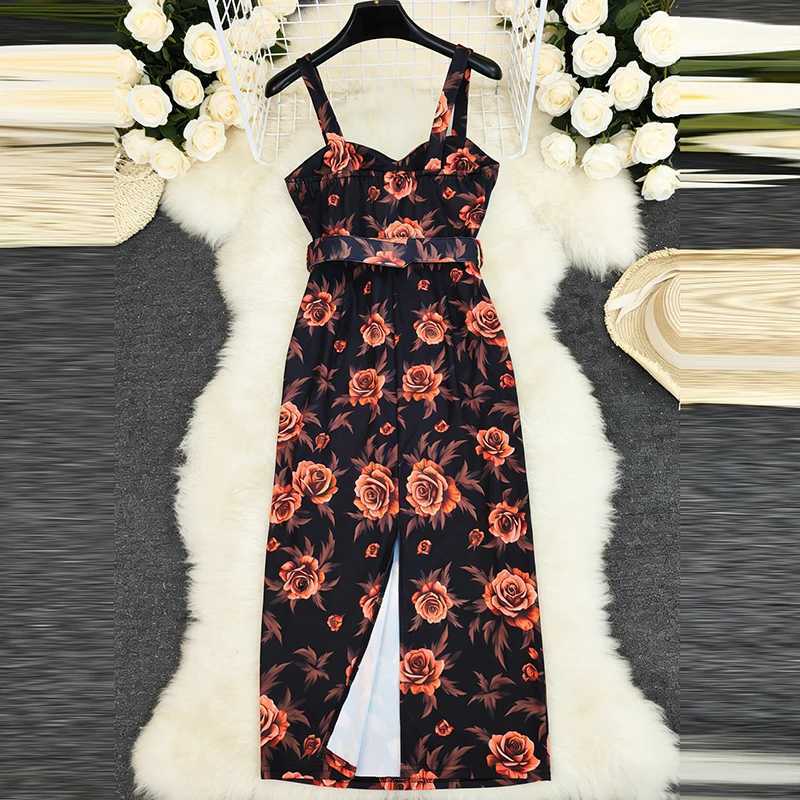 Vintage Floral Printed Slim Halter Dress Elegant Sleeveless High Waist Wrap Hips Dress Lady Backless Sexy Evening Party Dresses M260304