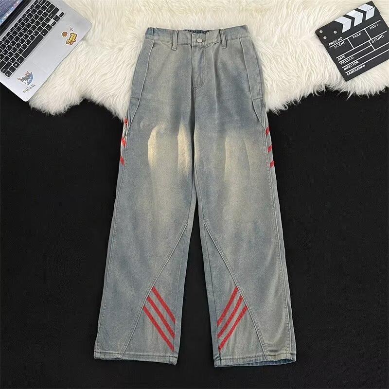Vintage Wide-leg Jeans For Men Straight And Loose Fit American High Designer Pants Street Style Striped Denim Trendy Design Autumn Wash