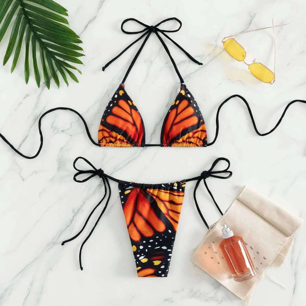 Sexy women butterfly print halter string micro bikini sets two pieces swimsuit Swimwear bathing suit beach outfits biquini Y260303