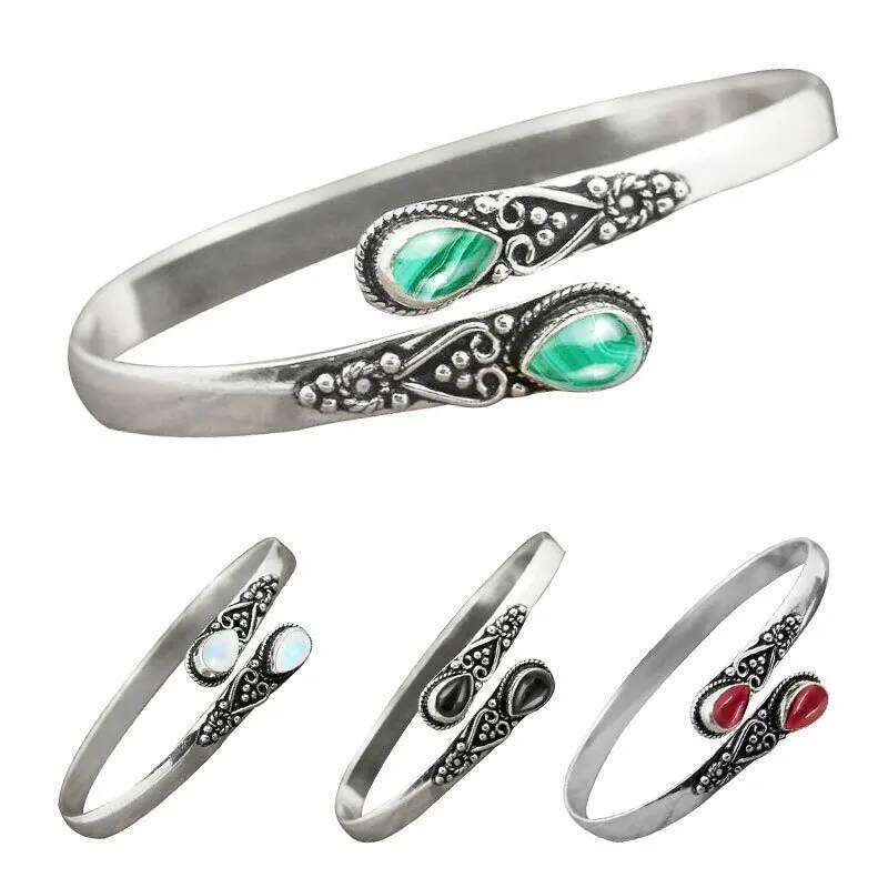 Vintage Ethnic Style Inlaid Imitation Natural Stone Elegant Open Adjustable Cuff Bracelet Women Men Party Jewelry XJ260303