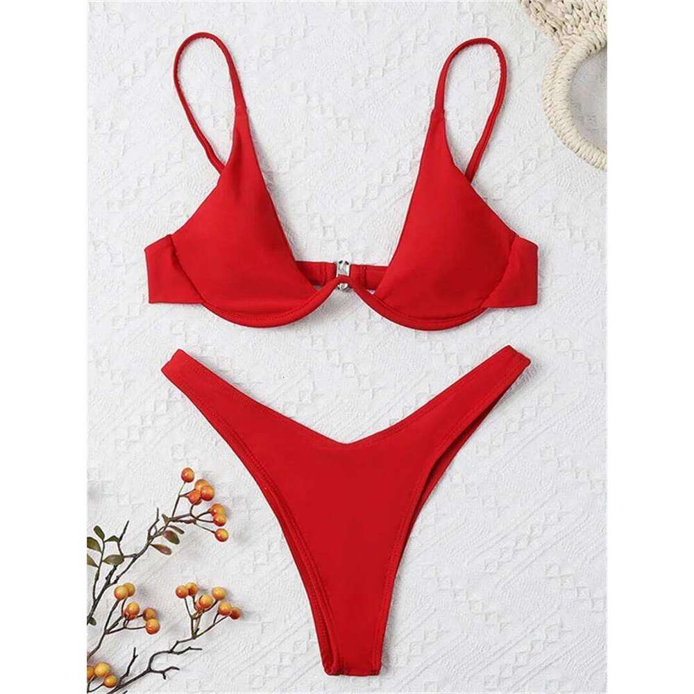 Sexy Underwire Bikini 2025 Mujer Women Solid Red Push Up Bra Swimsuit Haler V Neck Bathing Suit Mini Micro Thong Swimwear Y260303