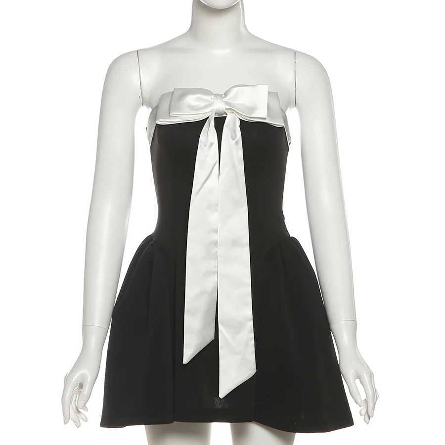 SylCue Y2K Sweet Style Mini Dress Woman Contrast Bowknot Decoration Off shoulder Backless Birthday Party Ruched Elegant Bodycon M260304