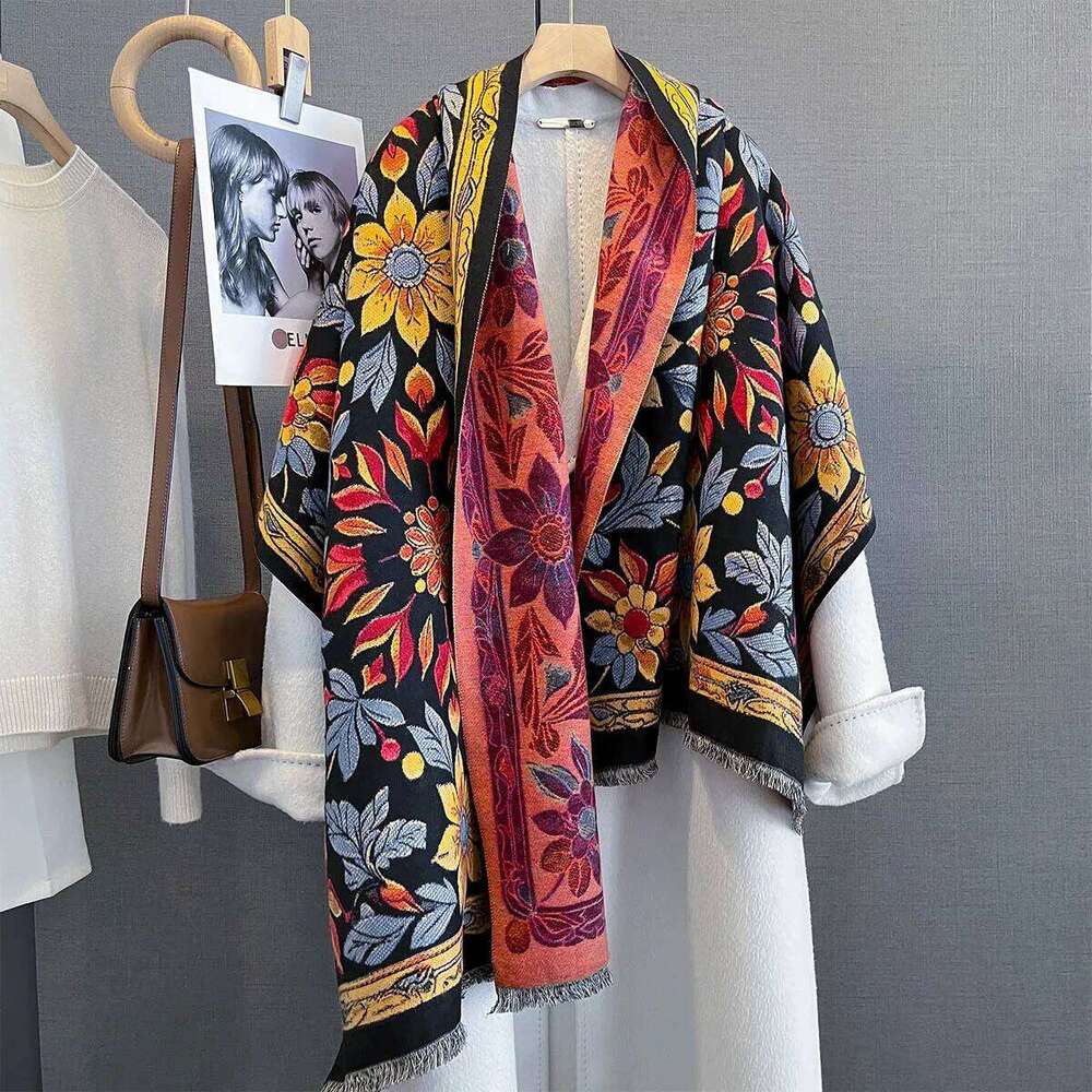 Thickened Warm Scarf For Women Retro Long Tassel Pashmina Shawl Faux Cashmere Warps Autumn Winter Floral High Quality Blanket XJ260304