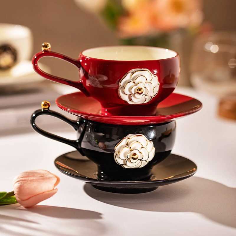 High-Grade Exquisite Cup 2025 New Three-Dimensional Camellia Coffee Cup Saucer Ceramic Cup Red White Black Suit 280MLT260304