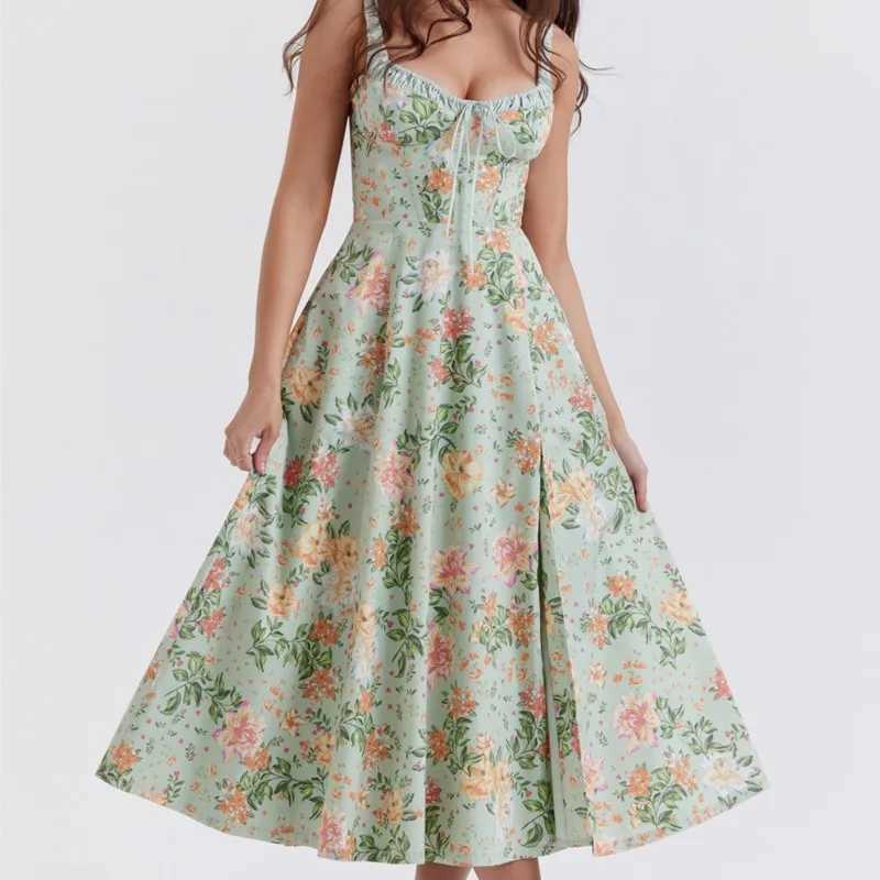 Summer Elegant New Sexy Patchwork Printed Strappy Dresses Women Fashion Slim Lace-up Long Dress Ladies Holiday Party Dress M260304