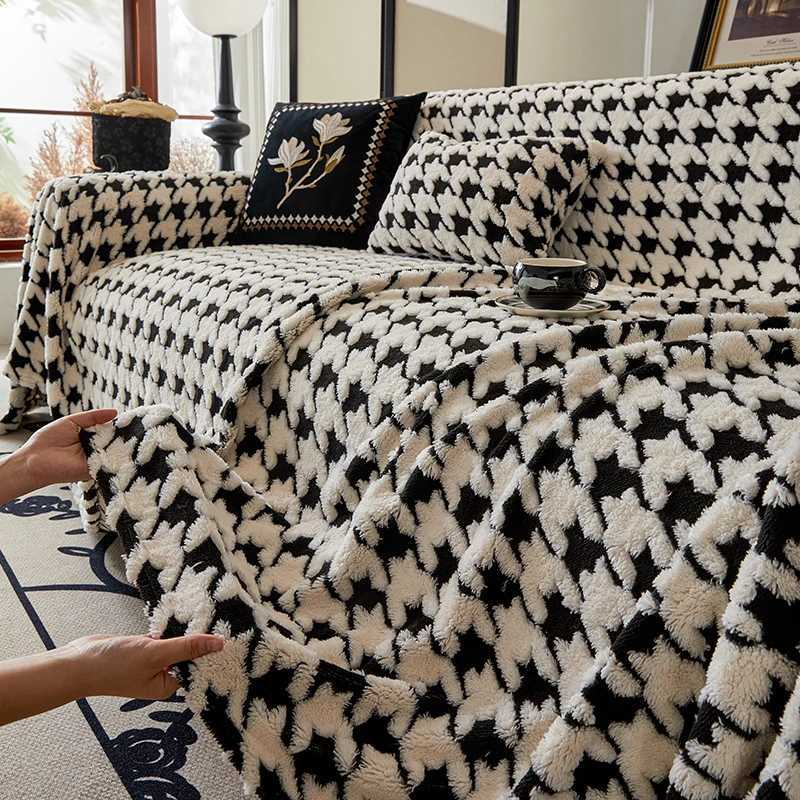 Houndstooth Soft Plush Throw Blanket Oversized Furniture Protector for Modern SofaT260304