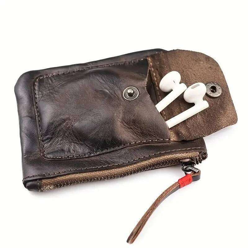 Cowhide Genuine Leather Men's Minimalist Wallet Credit Card Holder Earbuds Pouch C260304