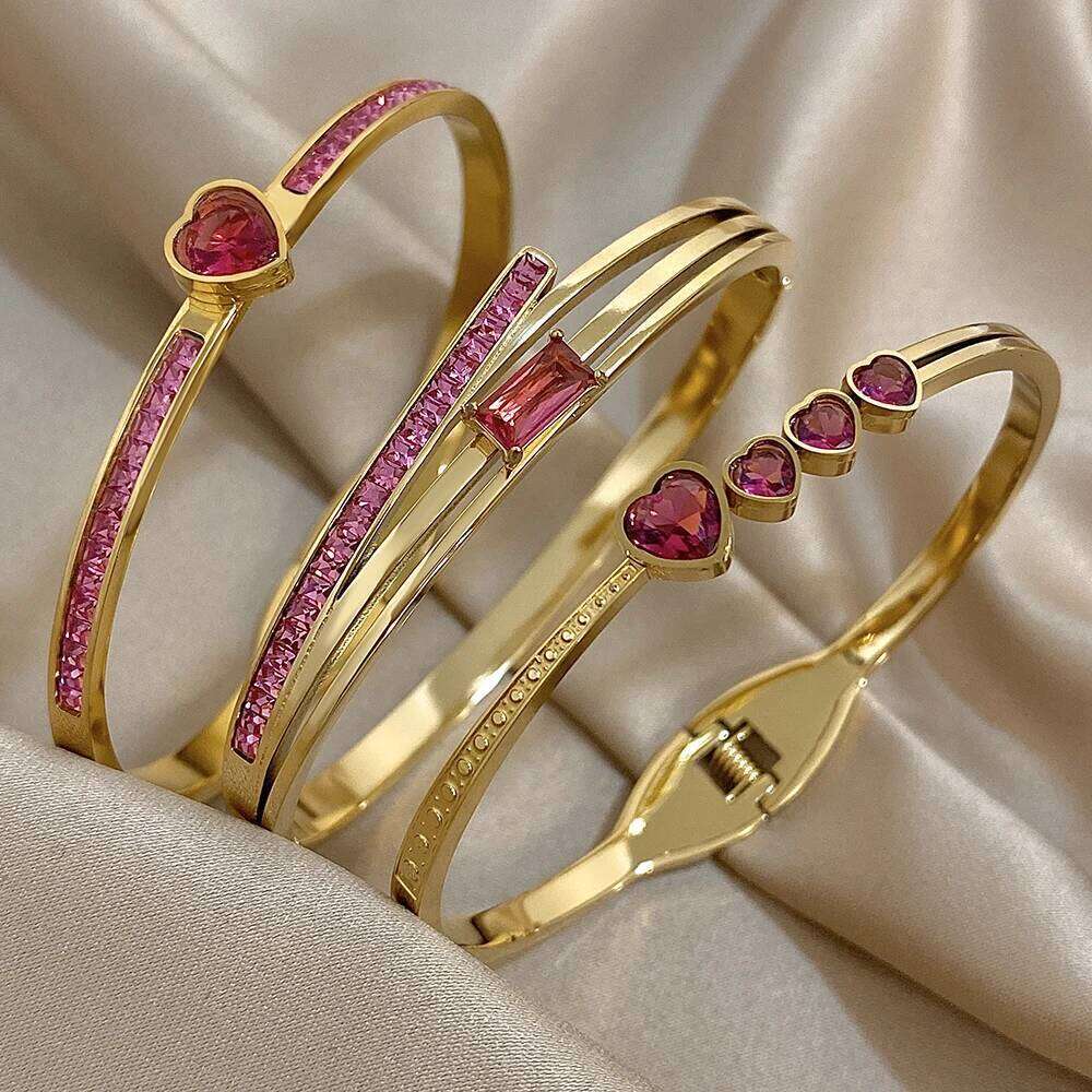 Flashbuy 3Pcs/Set 316L Stainless Steel Women's Bangles New Design Rose Red Love Heart Bracelets Waterproof Fashion Jewelry Gift XJ260303