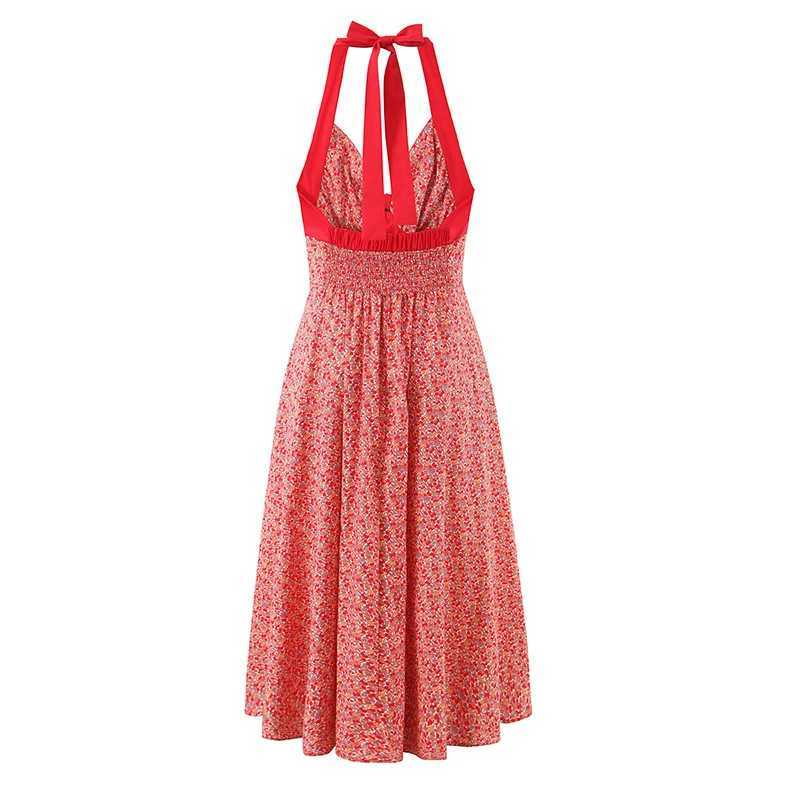 Comfortable sleeveless backless long skirt holiday style suspender elegant lace up dress fashionable party summer printed dress M260304