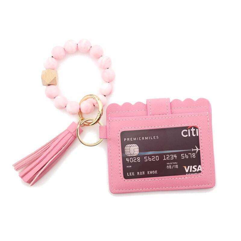 Bead Solid Card Bag Wristlet Keychain Silicone Beaded Bracelet Leather Tassel Wallet Bangle C260304