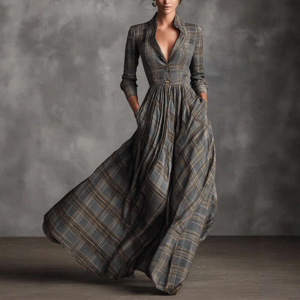 Elegant Womens Shirt Dress for Commute Leisure Grid Print Pleated Long Sleeve Dress with Pocket Autumn Office Dress