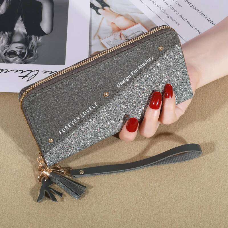KISMIS New Long Women's Zipper Wallet - Korean Splicing, Color Contrast, Tassel, and Rivet Details C260304