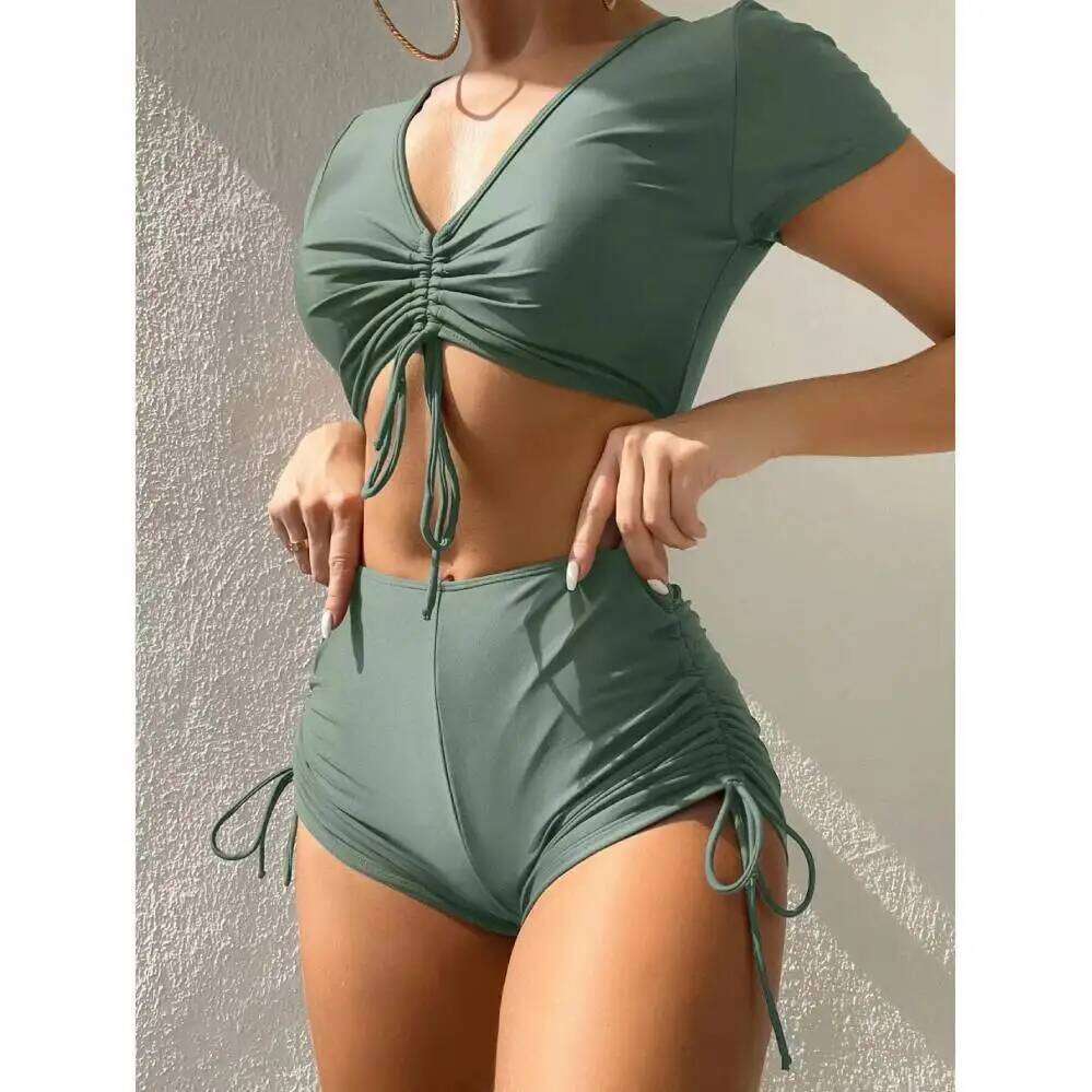 Women Summer Bikini V-Neck Short Sleeve Tops High Waist Bikinis Two Pieces Set Female Swimwear Vacation Outfits Y260303