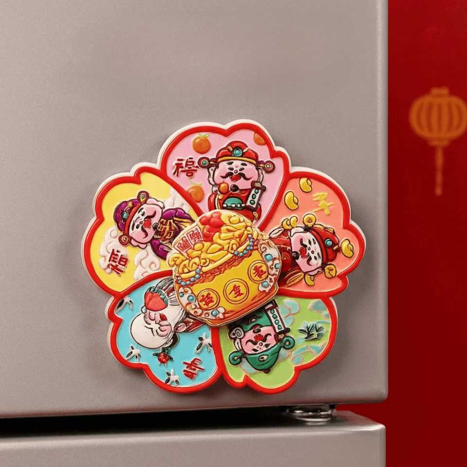 This 3D rotating refrigerator magnet features a cute cartoon God of Wealth for festive New Year home decoration.T260304