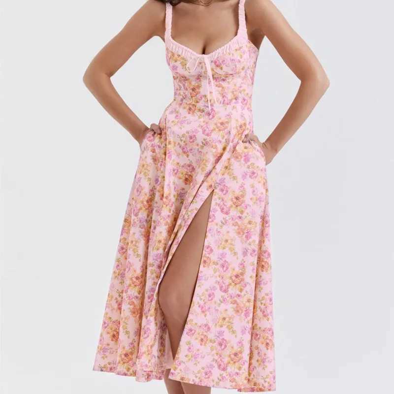 Summer Elegant New Sexy Patchwork Printed Strappy Dresses Women Fashion Slim Lace-up Long Dress Ladies Holiday Party Dress M260304